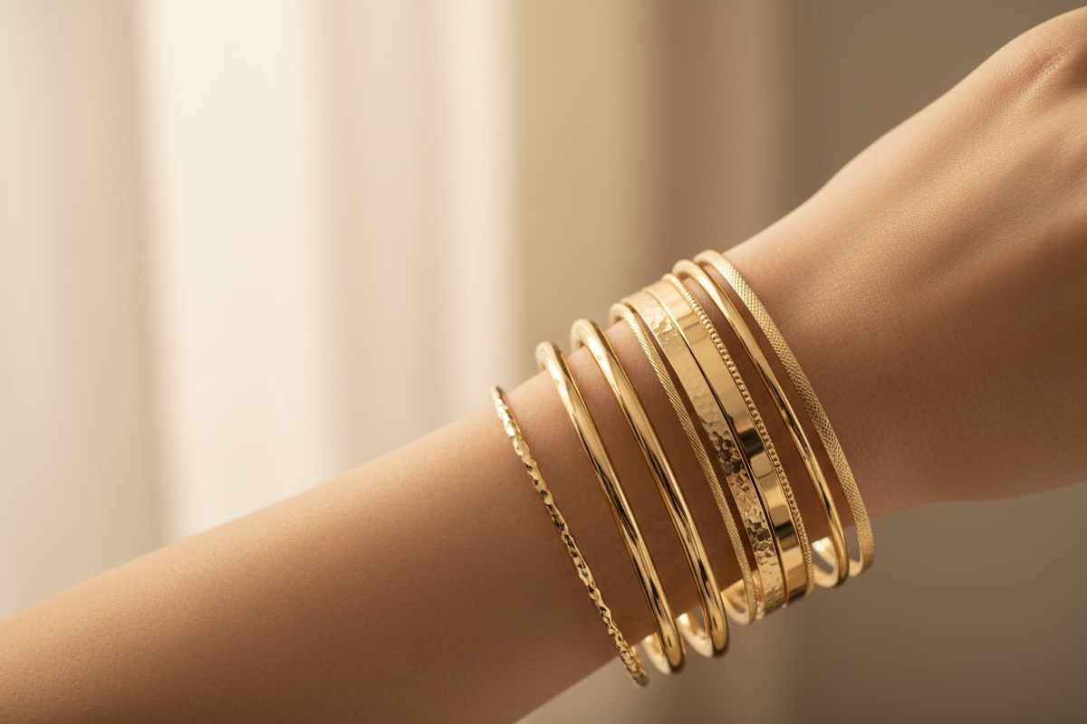 Female wrist wearing gold bangles close up wrist focus elegant pose soft golden lighting premium jewelry editorial style clean blurred background bangles in sharp focus wide banner ne