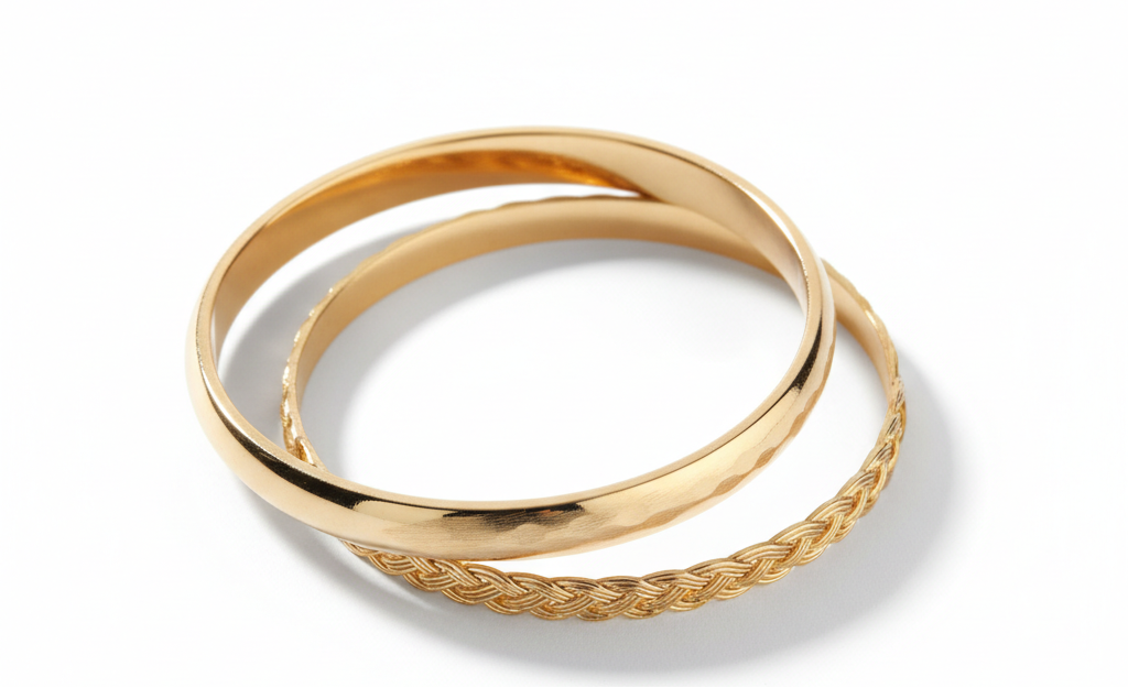 Gold bangles product isolated centered clean ecommerce style soft studio lighting realistic shadows high detail transparent background png